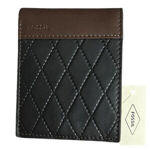 Fossil Men's Journee Traveler Quilted Black Brown Leather Wallet - New With Tags